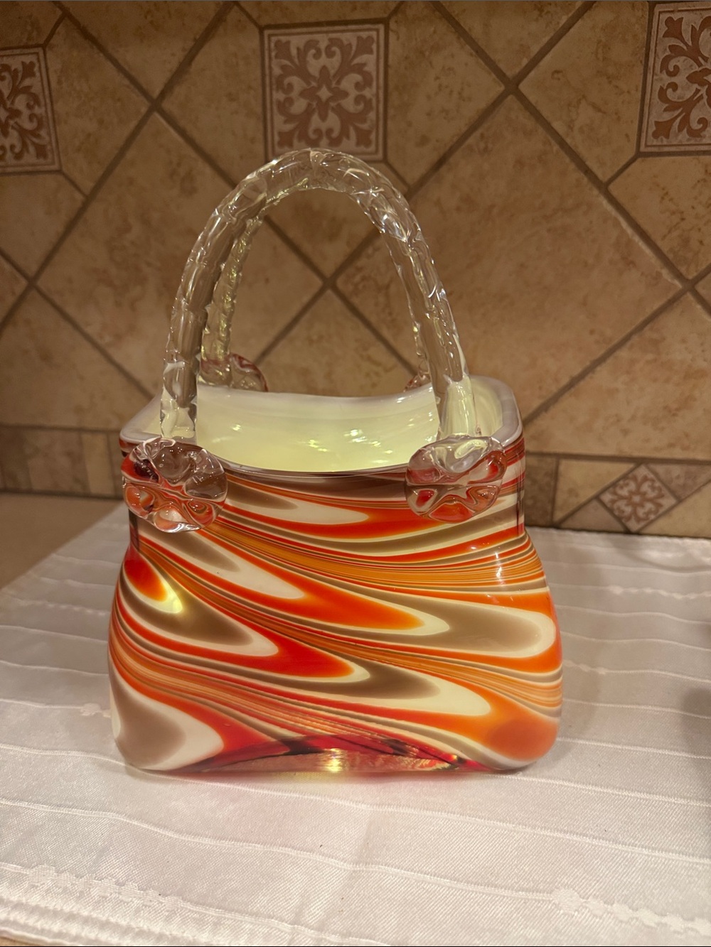 Murano style hand blown glass purse vase with Clear Braided Handles - like New!